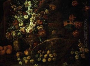 Blumentstraus In Einer Prunkvase Und Ein Korb Mit Fruchten In Einer Landschaft by Andrea Malinconico