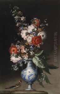 Blumenstraus In Einer Blau Bemalten Tonvase Und Mit Einer Meise Blumenstraus In Einer Blau Bemalten Tonvase Und Mit Einer Meise
