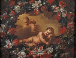 Gesu Bambino Dormiente Con Tre Cherubini, Entro Ghirlanda Di Fiori
