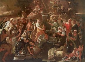 Mose Fa Scaturire L'aqua Dalla Roccia (preliminary Bozzetto For A Larger Painting) by Nicola Malinconico