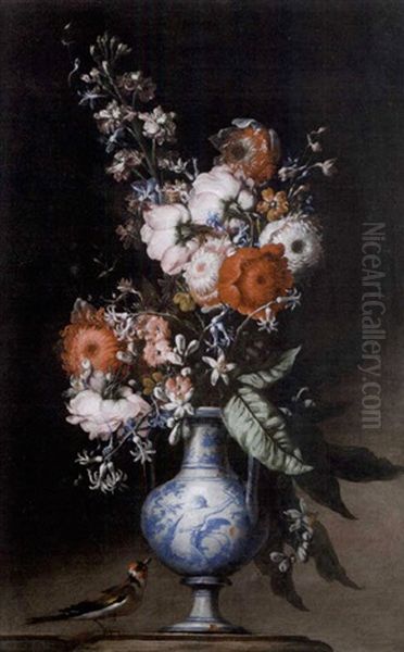 Chrysanthemums, Roses, Bluebells And Other Flowers In A Blue And White Vase On A Stone Ledge With A Greenfinch - view 1
