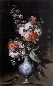 Chrysanthemums, Roses, Bluebells And Other Flowers In A Blue And White Vase On A Stone Ledge With A Greenfinch Chrysanthemums, Roses, Bluebells And Other Flowers In A Blue And White Vase On A Stone Ledge With A Greenfinch
