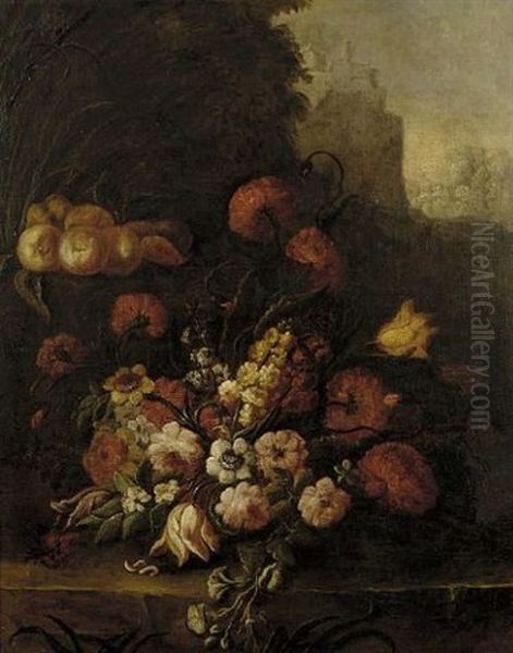 Roses, Tulips, Narcissi, Convolvulus And Other Flowers Beside Peaches On A Rocky Ledge, A Mountainous Landscape Beyond - view 1
