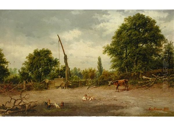Landschaft Mit Ziehbrunnen, Kuhen Und Spielenden Kindern - view 1