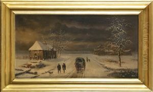 Retour Des Chasseurs Sur Une Route Enneigee by Louis Claude Mallebranche