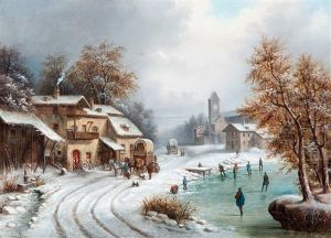 Winters Dorpstafereel Met Schaatsers En Figuren Bij Een Huifkar