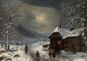Halte Nocturne De Voyageurs Dans Un Paysage De Neige