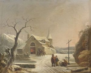 Paysage D'hiver, Cavalier Devant La Porte D'une Forge Et Couple Faisant L'aumone by Louis Claude Mallebranche
