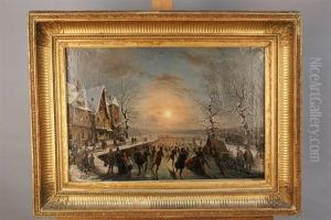 Scene De Patinage Au Soleil Couchant