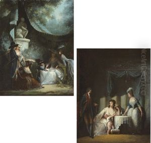 Elegant Figures In A Park (+ A Surprise Visit; Pair) by Jean-Baptiste Mallet