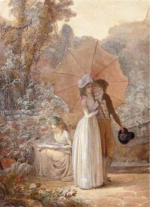 A Couple Embracing Under A Parasol While A Girl Sketches In The Garden Beyond by Jean-Baptiste Mallet