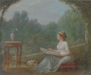A Lady Drawing A Vase Of Flowers, A Wooded Landscape Beyond