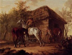 Two Men Leading Horses Out Of A Stable by Gerrit Malleyn