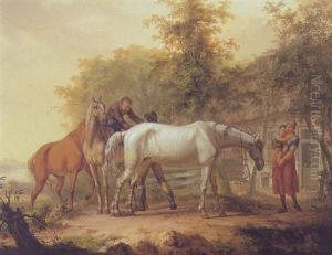 Horses In Front Of A Farm by Gerrit Malleyn