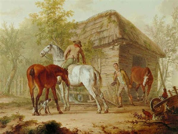 Two Men Leading Horses Out Of A Stable - view 1