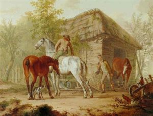 Two Men Leading Horses Out Of A Stable by Gerrit Malleyn