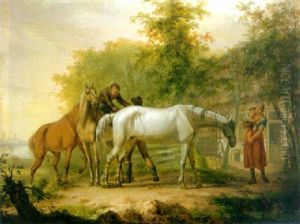A Peasant Helping His Son Dismount From A Horse, Other Horses Nearby, A Mother And Child Looking On, On A Farm Beyond by Gerrit Malleyn