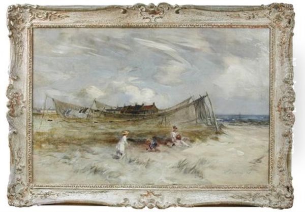 Children Playing By Drying Nets, Carnoustie Beach - view 1