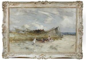 Children Playing By Drying Nets, Carnoustie Beach by Stirling Malloch