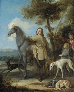 Ein Reiter Mit Begleitern Und Hunden In Einer Landschaft