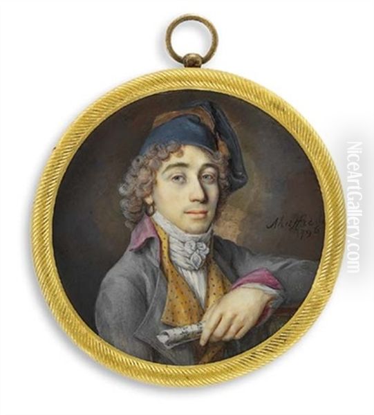 A Gentleman, In Grey Coat With Purple Lining, Yellow And Blue Waistcoat, White And Blue Tied Cravat - view 1