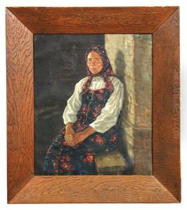 Study Of A Russian Peasant Girl In Floral Scarf And Dress