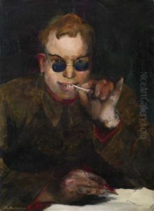 Portrait Of A Young Man In Blue Spectacles by Filip Malyavin