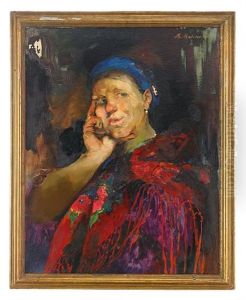 Portrait Of A Peasant Woman In Embroidered Shawl by Filip Malyavin