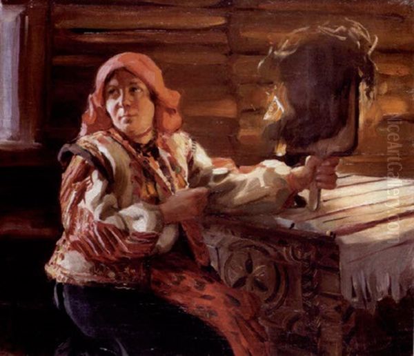 Peasant Woman Spinning By Candlelight - view 1