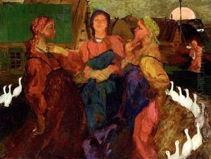 Three Peasant Women In A Farmyard by Filip Malyavin