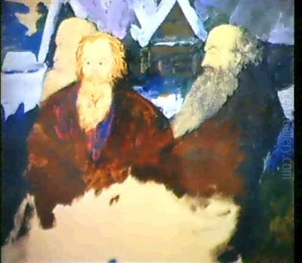 Trois Russes Devant Un Village Enneige - view 1