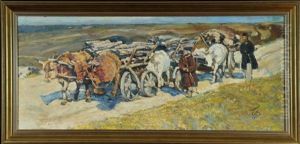 Ochsenfuhrwerk Mit Holz In Russischer Steppe by Sergei Vasilievich Malyutin