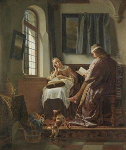 A Lady Sewing And A Gentleman Reading In An Interior by Cornelis De Man