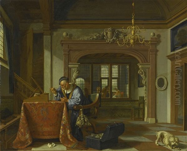 Man Weighing Coins In An Interior, Other Figures In The Room Beyond - view 1
