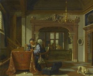Man Weighing Coins In An Interior, Other Figures In The Room Beyond Man Weighing Coins In An Interior, Other Figures In The Room Beyond