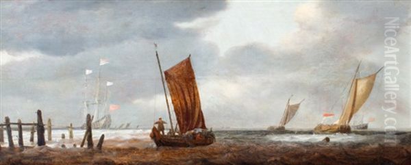 Vissersboten En Driemaster Bij Een Havenhoofd - view 1