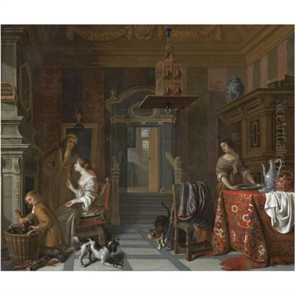 The Interior Of An Elegant Townhouse, With A Lady And Gentleman Beside A Fire, A Servant Stacking Logs And A Maid Beside A Table - view 1
