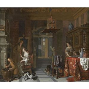 The Interior Of An Elegant Townhouse, With A Lady And Gentleman Beside A Fire, A Servant Stacking Logs And A Maid Beside A Table