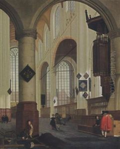The Interior Of Oude Kerk In Delft, From The Southern Aisle To The Northern Transept, With Elegant Couples, And Men Digging In The Foreground