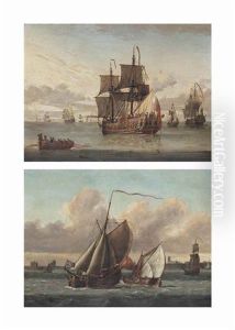 The Royal Yacht Carolina Drifting Into An Anchorage With Dignitaries Being Rowed Out To Meet Her; And An Admiralty Yacht In Crowded Waters In A Stiff Breeze Off Gravesend by L. De Man