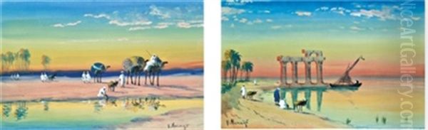 Caravane Au Bord D'un Oued (+ Personnages Au Bord De L'eau; Pair) - view 1