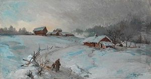 Woman And Child Withsledge In Winter Landscape by Nils Nilsen Bergslien