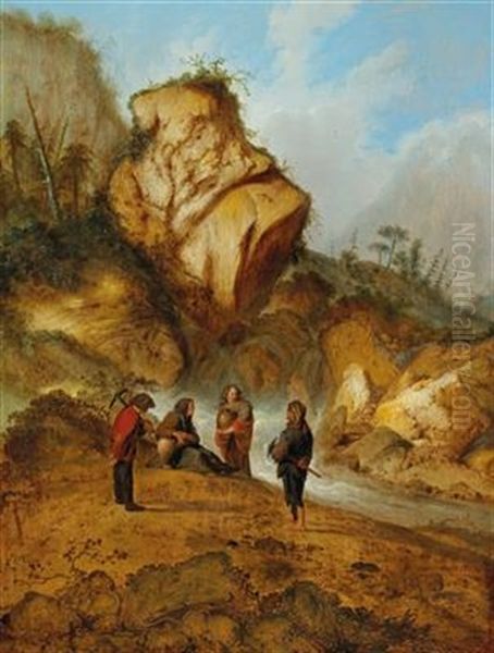 A Rocky Landscape With Miners At A Waterfall - view 1