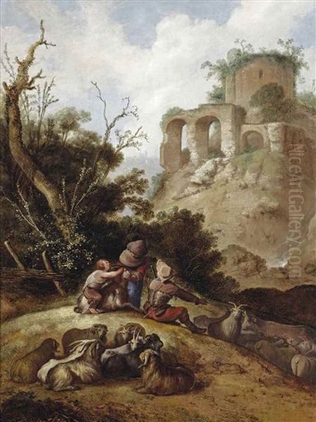 An Italianate Landscape With A Shepherd Family Resting, A Classical Ruin On A Hill Top Beyond - view 1