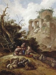 An Italianate Landscape With A Shepherd Family Resting, A Classical Ruin On A Hill Top Beyond by Jacob Sibrandi Mancadan