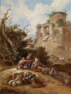 Spielende Kinder Und Eine Ziegenherde In Einer Landschaft Mit Antiken Ruinen by Jacob Sibrandi Mancadan
