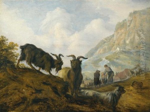 Goats On A Hillside With Herders Beyond - view 1