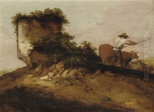 A Rocky Landscape With A Herdsman And His Cattle And Goats - view 1