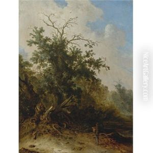 A Woodman Standing Before A Blasted Oak On A Forest Path by Jacob Sibrandi Mancadan