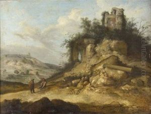Figures On A Country Path, Ruins On A Rocky Outcrop